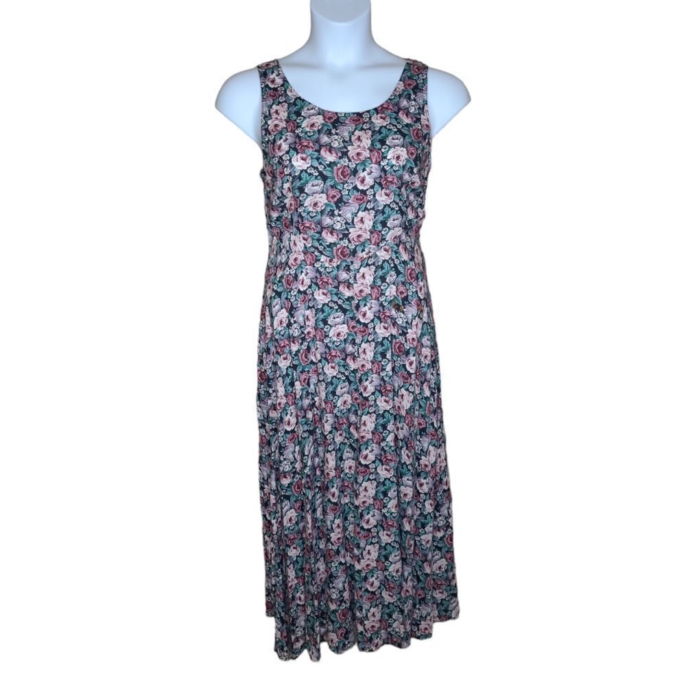VINTAGE 90s tiny floral‎ pink kawaii sleeveless cotset tie back midi dress M